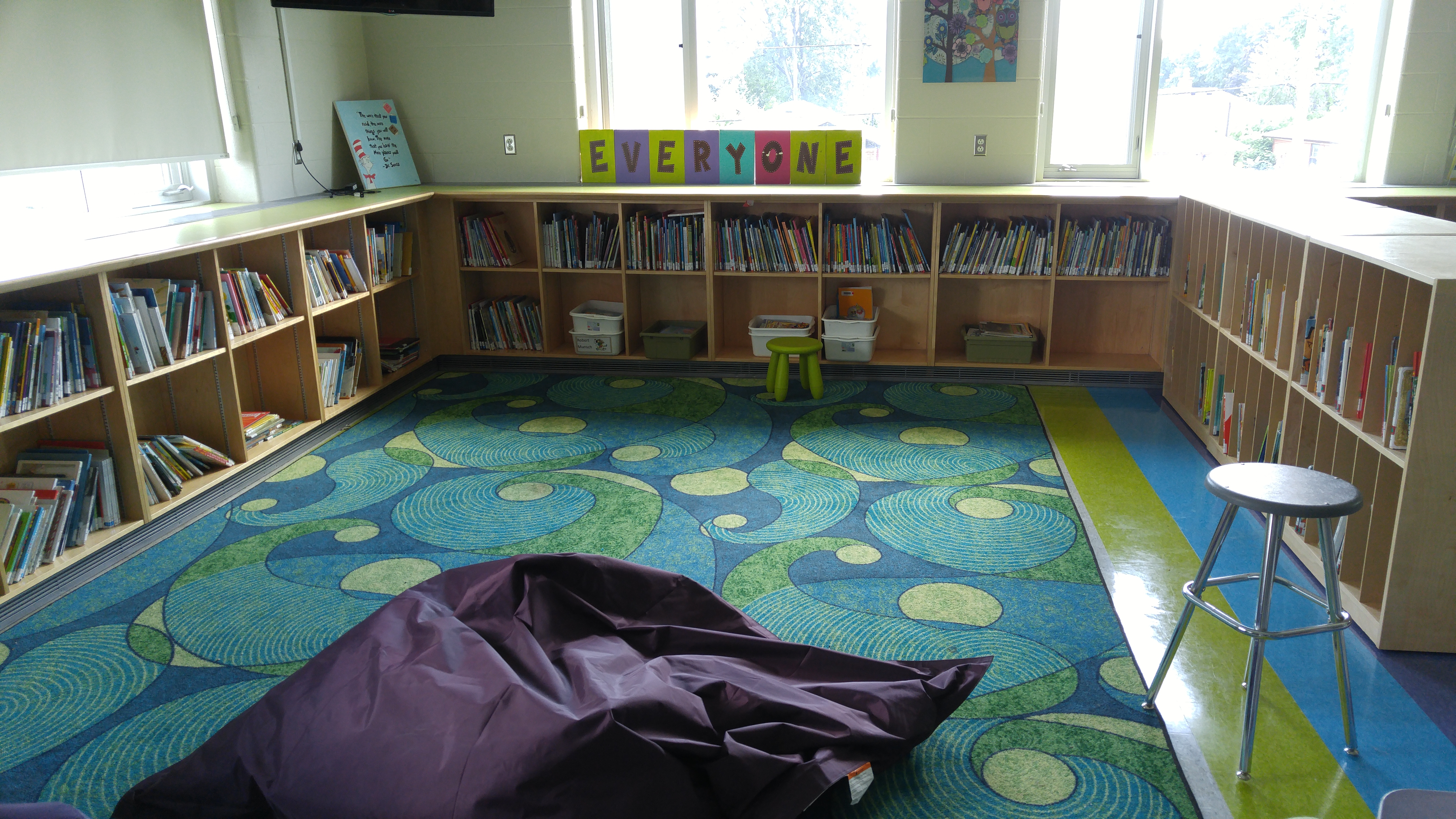 carpet area by book shelves